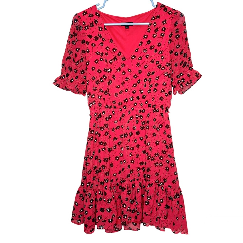Express Red Floral V Neck Empire Waist Puff Sleeve Fit & Flare Dress, Small